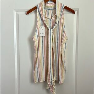 💛 Sleeveless Striped Colllared Tie Front Blouse